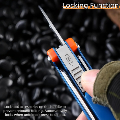 Close-up of All In One EDC Multitool With Pliers And Fire Starter 20 Function Kit showing locking mechanism.