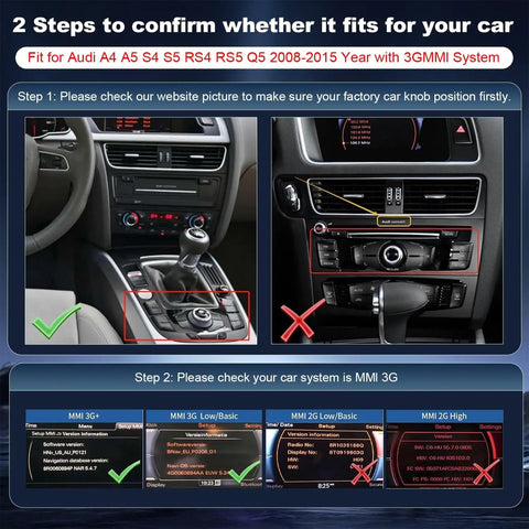 Instructions for verifying Audi 3G MMI compatibility for CarPlay Retrofit Kit, showing car systems and knob positions.