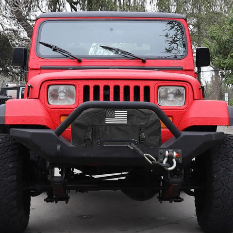 Heavy Duty Winch Cover With American Flag Design waterproof dustproof protection on a red Jeep front view.
