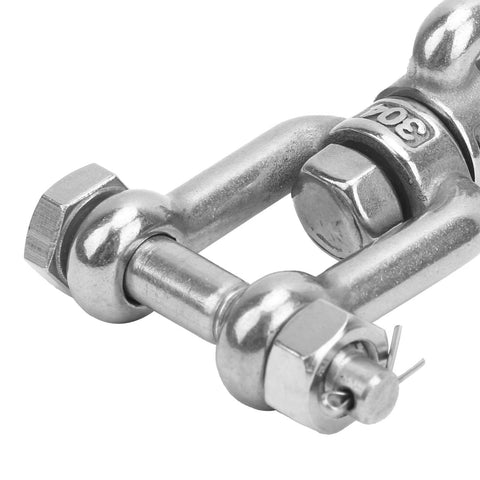 Close-up of two 304 stainless steel anchor swivel shackles with rotating ring connector, M10.