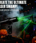 532nm green laser line projecting in a decorated room with Halloween theme featuring pumpkins and costumes.
