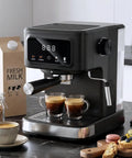 Compact Espresso Machine With Automatic Milk Frother And Led Touch Display, 15 Bar Coffee Maker For Bold Lattes And Rich Cappuccinos on kitchen counter with coffee and pastries.