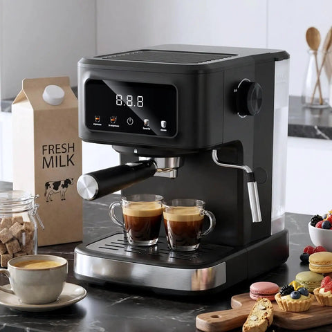 Compact Espresso Machine With Automatic Milk Frother And Led Touch Display, 15 Bar Coffee Maker For Bold Lattes And Rich Cappuccinos on kitchen counter with coffee and pastries.