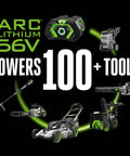 ARC Lithium 56V battery powers over 100 tools, shown with leaf blower, trimmer, chainsaw, mower, and snow blower.