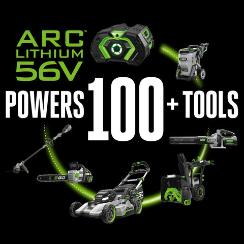 56V ARC Lithium battery powers over 100 tools, including lawn mower and chainsaw