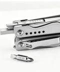 Close-up of Everyday Carry 18 In 1 Multitool Pliers With Ergonomic Handle Stainless Steel Pocket Tool featuring screwdriver bits