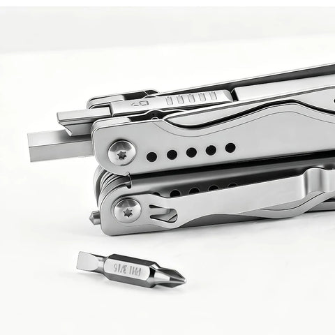 Close-up of Everyday Carry 18 In 1 Multitool Pliers With Ergonomic Handle Stainless Steel Pocket Tool featuring screwdriver bits