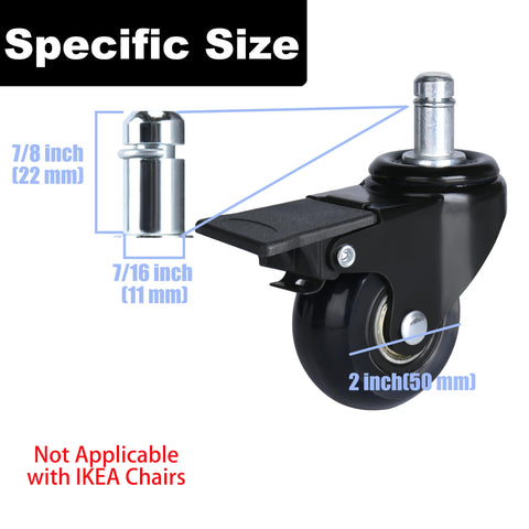 Heavy Duty 2 Inch Universal Locking Office Chair Casters 5 Pack With Brake And Includes Screwdriver Tool Free Install Non Marking Floor Friendly For Hardwood Floors Tile Carpet Mats Safe Rolling, size details shown.