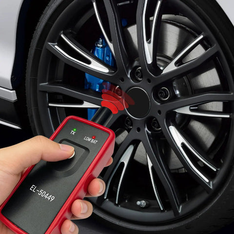 Ford TPMS Relearn Tool for 60 Plus Vehicles Easy Plug In Reset and Activation Device for F Series Trucks Fusion Edge Ranger Transit Explorer Bronco Mustang Hybrid MKZ and More, hand-held EL-50449 sensor activator near wheel