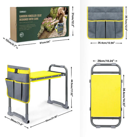 Garden Kneeler And Seat 2 In 1 Heavy Duty With Handles For Seniors Padded Ergonomic Foldable Gardening Stool, yellow seat and gray pockets.