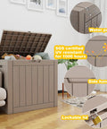 30 Gallon Outdoor Deck Box Lockable Waterproof Storage For Garden Tools Cushions And Pool Accessories Weatherproof Resin Container With Durable Lid And Easy Access For Patio Gear Grey, showing open lid and contents with lockable feature
