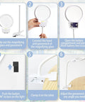 Step-by-step setup guide for LED Magnifying Lamp For Diamond Painting Tools With 4X And 6X Magnifier, Clip Flexible Neck, Bright LED Light.