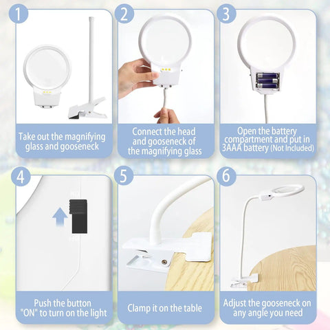 Step-by-step setup guide for LED Magnifying Lamp For Diamond Painting Tools With 4X And 6X Magnifier, Clip Flexible Neck, Bright LED Light.