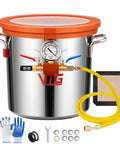VTG VOGTEN 3-Gallon stainless vacuum chamber with tempered glass lid, gauge, yellow hose, and tools