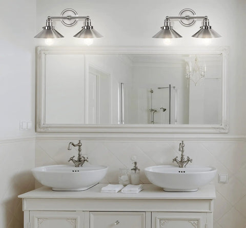 Industrial Farmhouse Nickel Two Light Metal Vanity Light Wall Sconce with Rock Solid Metal Shade in bathroom