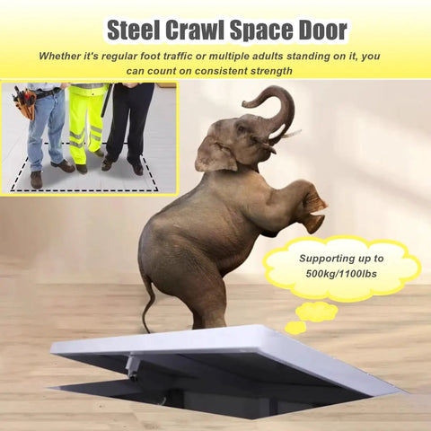 Heavy Duty Hidden Floor Access Panel Hatch Camouflaged Cellar Door For Concealed Basement Entry And Legit Load Bearing Garage Cover with elephant illustration.