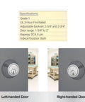 Satin Chrome Single Cylinder Deadbolt Lock For Commercial Security Built Tough ANSI Grade 1 UL Three Hour Fire Rating Interior Or Exterior Use Fits Doors From One And Three Eighths To Two Inches Thick Adjustable Backset Two And Three Eighths Or Two And shown on left and right-handed doors.