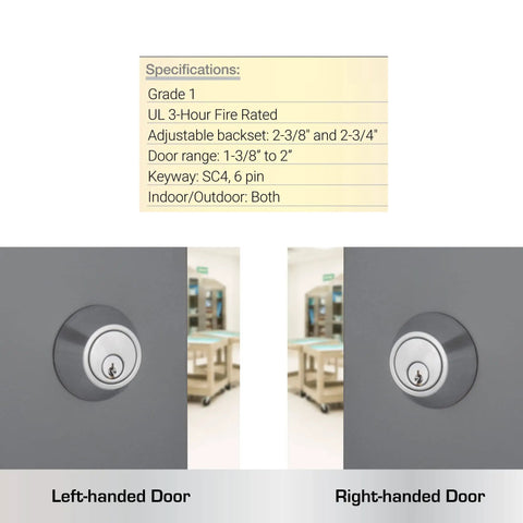 Satin Chrome Single Cylinder Deadbolt Lock For Commercial Security Built Tough ANSI Grade 1 UL Three Hour Fire Rating Interior Or Exterior Use Fits Doors From One And Three Eighths To Two Inches Thick Adjustable Backset Two And Three Eighths Or Two And shown on left and right-handed doors.