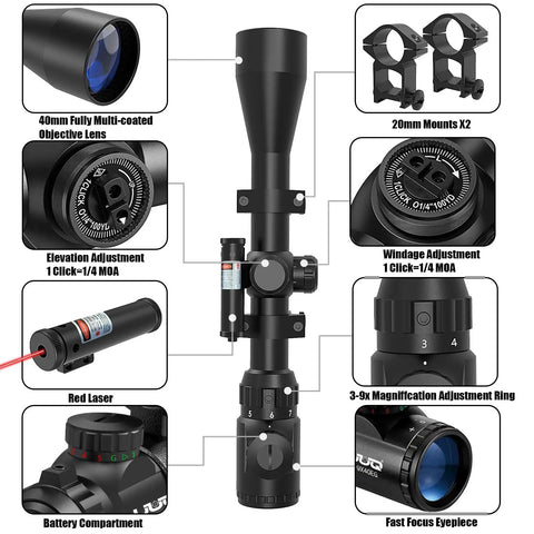 Detailed view of 3 To 9x40 Rifle Scope With Red Green Laser Sight And Rangefinder Reticle, Waterproof And Fogproof, 20mm Free Mounts
