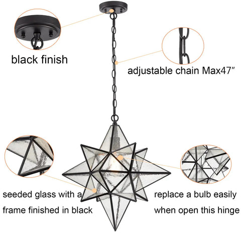 Dope Moravian Star Pendant Light With Clear Glass Shade In Black Finish 16 Inch Height Adjustable Pendant Fixture details