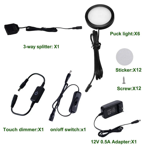 Under Cabinet LED Puck Lighting Kit With Black Cover And Touch Dimmer Switch components; includes lights, splitter, dimmer, adapter.