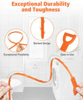 Heavy-Duty 25-Inch Drain Clog Remover Kit For Hair Buildup, Plumbing Snake With Easy Grip Handle, Shower Drain Cleaner And Hair Catcher For Most Drains, Fast Unclogging, No-Fuss Poly Construction, 6 Pack, orange poly snake shown bent for flexibility