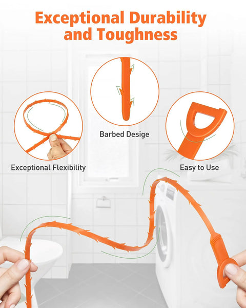 Heavy-Duty 25-Inch Drain Clog Remover Kit For Hair Buildup, Plumbing Snake With Easy Grip Handle, Shower Drain Cleaner And Hair Catcher For Most Drains, Fast Unclogging, No-Fuss Poly Construction, 6 Pack, orange poly snake shown bent for flexibility