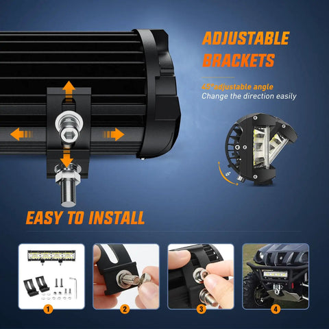 Close-up of adjustable brackets for Side Shooter LED Light Bar Set 12 Inch Triple Row Spot Flood Combo Lights Two Pack
