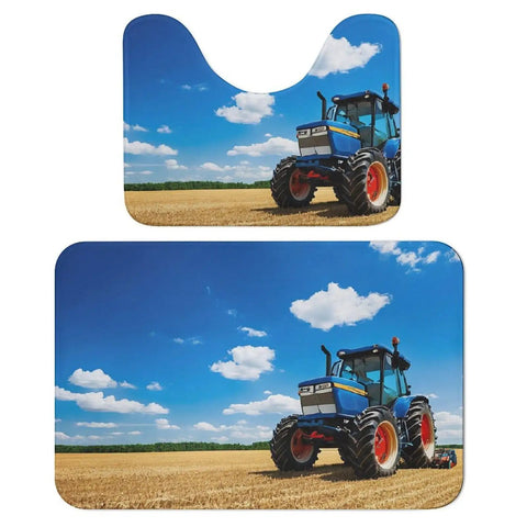 Ultra Soft Coral Velvet 2 Piece Bath Rug Set with Non Slip U Shaped Contour Toilet Mat and Fantasy Farm Tractor Print