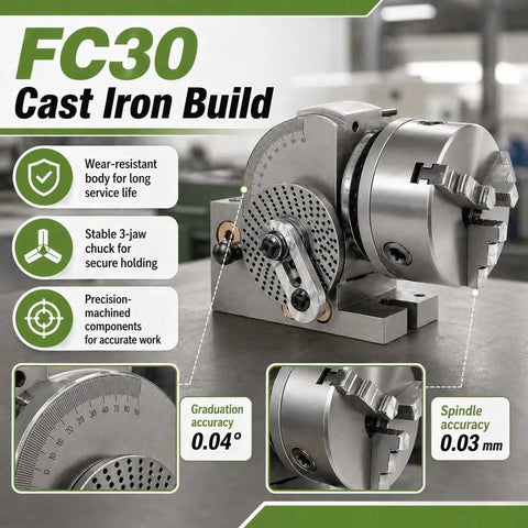 Built Tough 4 5 6 Inch 3 Jaw Chuck Dividing Head With MT2 Tailstock Precision Plates showcasing cast iron build and precision features.
