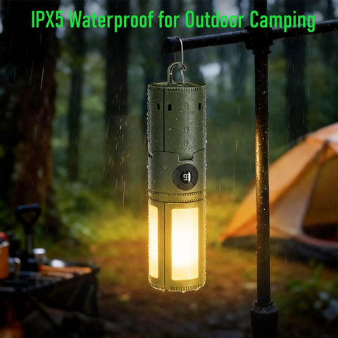 Rechargeable Camping Lantern With Telescopic Stand And USB Power Bank, 14000mAh Battery Delivers Up To 48 Hours On Low, hanging in rain