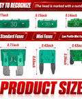 Solid 306 Piece Car Fuse Assortment Kit With Tester And Pullers Loaded With Mini Standard And Low Profile Blades 2A To 35A showing fuse sizes and types.