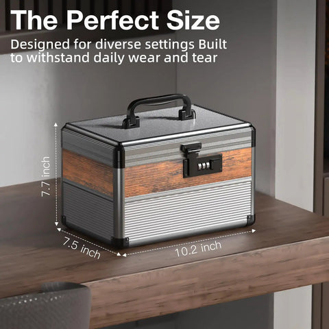 Durable Aluminum Alloy Security Lock Box With 3 Digit Code Lock For Personal Items And Medicine Small 10 Inch Black Dorm Storage Trunk Lockable Briefcase Style Trunk With Keyless Access on a table.