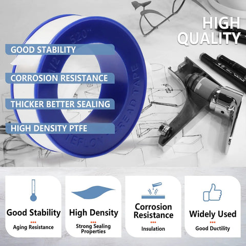 Heavy Duty PTFE Plumbers Tape For Sealing Threads On Water Pipes And Shower Heads One Roll Thick High Density 1/2 Inch Wide By 520 Inches Long Premium Thread Sealant To Prevent Leaks And Improve Plumbing Performance with features highlighted.