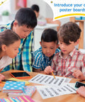 Children using totally self adhesive science fair display boards with subtitles for classroom and office presentations eight piece set
