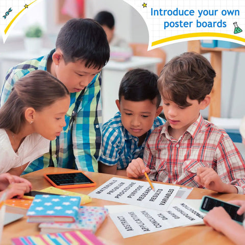 Children using totally self adhesive science fair display boards with subtitles for classroom and office presentations eight piece set