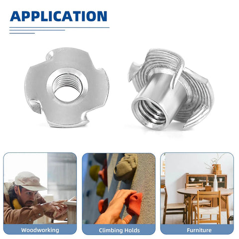 Heavy Duty T Nuts For 3/8-16 Thread Built Like A Tank Using 304 Stainless Steel Rust Proof Shield For Rock Solid Furniture Buildouts Cabinetry And Sick Rock Climbing Hold Mounts 10 Piece Pack showing threading and design features.