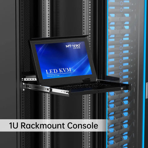 Beast Mode 16 Port Hdmi Kvm Console With 15.6 Inch Lcd Display And Crisp 1080p Feed Designed For 1U Server Racks To Make Switching Totally No Sweat Today, shown in open position.