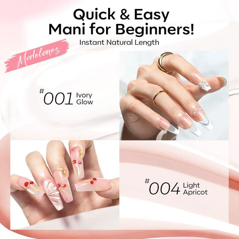 Hands showcasing manicures using Pro Grade Poly Gel Nail Kit With 3 Colors Clear White Apricot Slip Solution 24 Nail Forms Base Coat Top Coat