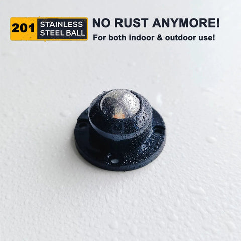 Top Shelf Stainless Steel Furniture Casters Four Pack Anti Rust Heavy Duty Mini Roller Wheels For Couches Sofas Slick Glide Silent Movement One Inch Height Metal hardware shown on a wet surface, highlighting rust resistance.
