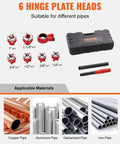 Ratcheting Pipe Threader Kit With Six Dies One Quarter Inch NPT To One And A Quarter Inch NPT Portable Pipe Threading Tool Set With Storage Case For Plumbing Installation And Repair, showing kit contents and applicable materials