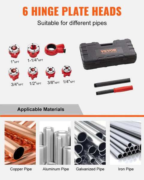 Ratcheting Pipe Threader Kit With Six Dies One Quarter Inch NPT To One And A Quarter Inch NPT Portable Pipe Threading Tool Set With Storage Case For Plumbing Installation And Repair, showing kit contents and applicable materials