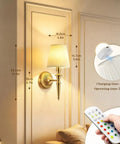Game Changing Battery Powered Wall Sconces Set Of Two With Smooth Wireless Recharging And 12 RGB Colors Plus 3CCT Dimmable Levels For Ultimate Chill Bedroom Vibes Or Slick Living Room Decor Accents. Wall sconce on beige wall, showing remote and sizes.