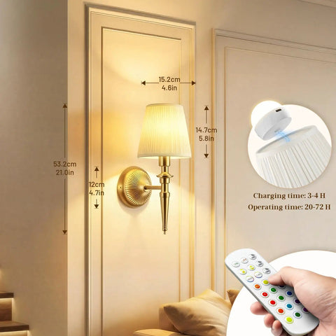 Game Changing Battery Powered Wall Sconces Set Of Two With Smooth Wireless Recharging And 12 RGB Colors Plus 3CCT Dimmable Levels For Ultimate Chill Bedroom Vibes Or Slick Living Room Decor Accents. Wall sconce on beige wall, showing remote and sizes.