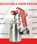 Top Shelf Siphon Feed Spray Gun With Stainless Steel Nozzles And Needles, One Liter Paint Cup, Pulls Six Cubic Feet Per Minute Air Flow, Knockout Finish For Smoother Auto Detailing, Fine Woodwork And Custom Metal Coating with adjustable air controls.