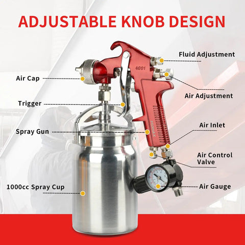 Top Shelf Siphon Feed Spray Gun With Stainless Steel Nozzles And Needles, One Liter Paint Cup, Pulls Six Cubic Feet Per Minute Air Flow, Knockout Finish For Smoother Auto Detailing, Fine Woodwork And Custom Metal Coating with adjustable air controls.