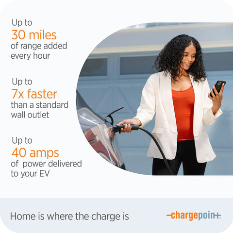 Woman using HomeFlex Level 2 EV Charger For Tesla Models 3, S, X, Y Wall Mount 240V NEMA 14-50 Plug with phone app control