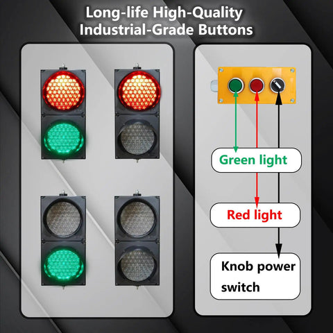 Heavy Duty Eight Inch LED Traffic Light With Toggle Switch, showing red and green lights, with knob switch, for directing traffic.