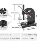 Rugged 3 Ton Manual Arbor Press with dimensions, heavy duty cast iron design for metal jewelry crafting and bending.