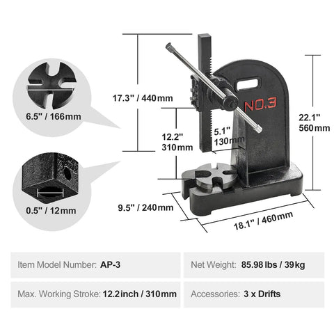 Rugged 3 Ton Manual Arbor Press with dimensions, heavy duty cast iron design for metal jewelry crafting and bending.